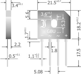 Szilícium hídegyenirányító, ház típus: SIL, névleges áram 6 A, U(RRM) 1000 V, Diotec GBU6M