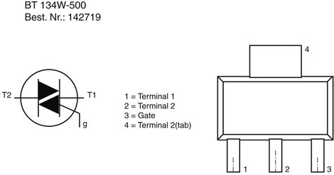 SMD triak, ház típus: SOT-223, I(GT) 35 mA, I(T) RMS 1 A, csúcs zárófeszültség U(DRM) 500 V, BT134W- 2. kép
