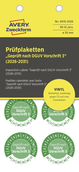 Avery-Zweckform 6976-2026 Ellenőrző plakett Geprüft nach DGUV Vorschrift 3 Zöld Öntapadó fólia (Ø) 3