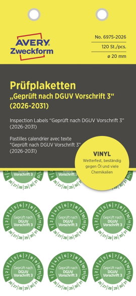Avery-Zweckform 6975-2026 Ellenőrző plakett Geprüft nach DGUV Vorschrift 3 Zöld Öntapadó fólia (Ø) 2