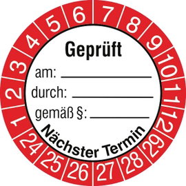 SafetyMarking 30.3697.24-29 Ellenőrző plakett Geprüft am / durch / gemäß § / nächster Termin 2024-20