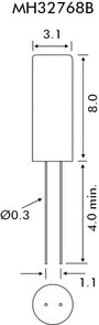 Órakvarc, kristály, frekvencia: 32,768000 kHz, kivitel: MH32768B, cilinder (Ø x Ma) 3,1 mm x 8 mm, E 2. bélyegkép