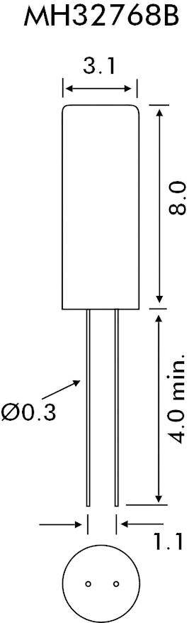 Órakvarc, kristály, frekvencia: 32,768000 kHz, kivitel: MH32768B, cilinder (Ø x Ma) 3,1 mm x 8 mm, E 2. kép