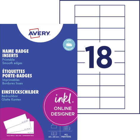 Avery-Zweckform DPC6530A-10 Névtábla behelyezhető tábla 65 mm x 30 mm Fehér