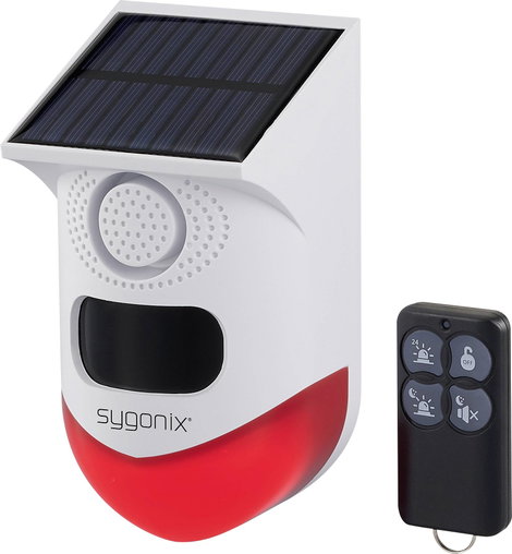 Sygonix Mini riasztóberendezés Fehér, Piros LED-del, Mozgásérzékelővel, Távirányítóval, Napelemmel,