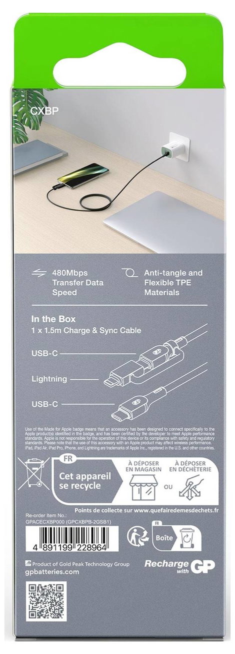 GP USB kábel USB-C®, Apple Lightning dugó 1.5 m Fekete GPCBCXBPBKUSB964 5. kép