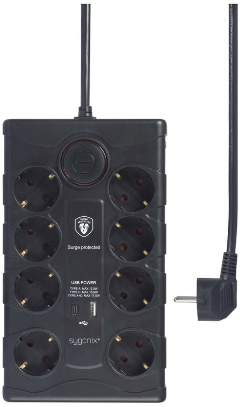 Sygonix SY-4751202 Túlfeszültség ellen védő elosztó 8 részes Fekete Védőérintkezős 1 db 2. kép