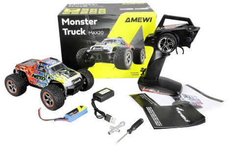 Amewi Kék, Narancs Brushed 1:20 RC kezdő modellautó Elektro Monstertruck 4WD RtR Fényeffekttel 10. kép