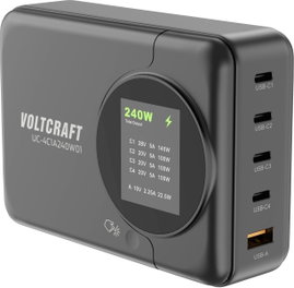 VOLTCRAFT UC-4C1A240W01 USB-s töltőállomás 240 W USB-C®, USB-A Power Delivery 3.0 Fekete Beltér GaN,