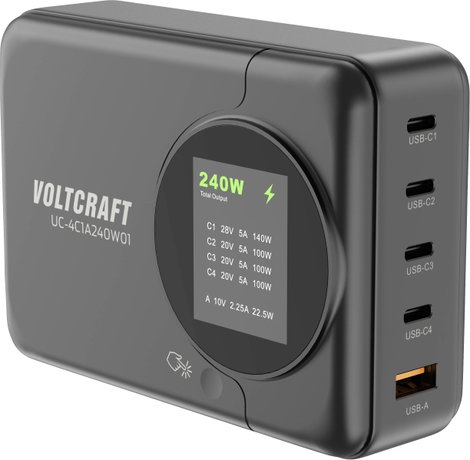VOLTCRAFT UC-4C1A240W01 USB-s töltőállomás 240 W USB-C®, USB-A Power Delivery 3.0 Fekete Beltér GaN,