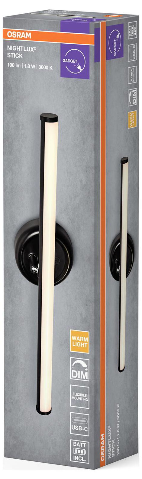 OSRAM HOMELIGHTING NIGHTLUX STICK 830 DIM USB Black 4099854478888 Fali lámpa 1.80 W Fekete 3. kép