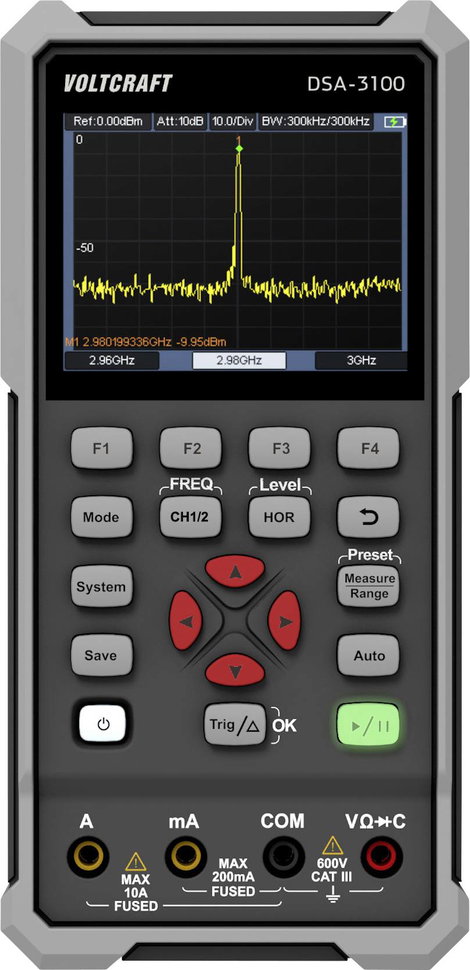 VOLTCRAFT DSA-3100 Kézi oszcilloszkóp 100 MHz 2 csatornás 500 Msa/s 8 kpts 8 bit Kézi készülék, Mult