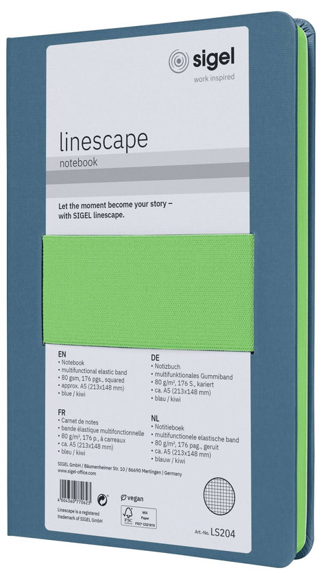 Sigel LS204 Jegyzettömb Linescape Hardcover DIN A5 kockás Középkék, Neonzöld Lapok száma: 88 2. kép