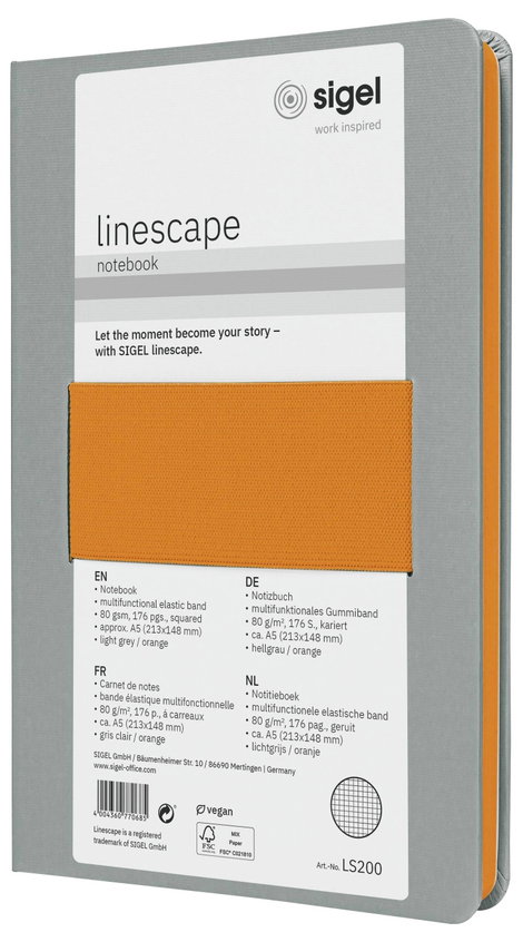 Sigel LS200 Jegyzettömb Linescape Hardcover DIN A5 kockás Világosszürke, Neon narancs Lapok száma: 8 2. kép