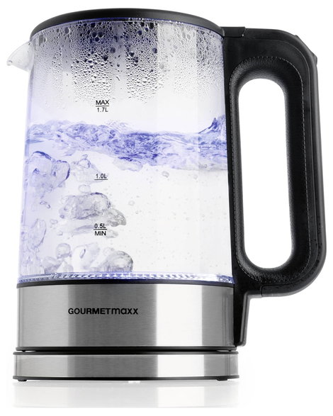 GourmetMaxx GOURMETmaxx Glas-Wasserkocher LED 1,7l 2200W Edelstahl/schwarz kabellos Vízforraló Vezet 2. kép