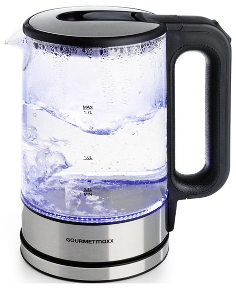 GourmetMaxx GOURMETmaxx Glas-Wasserkocher LED 1,7l 2200W Edelstahl/schwarz kabellos Vízforraló Vezet 3. kép