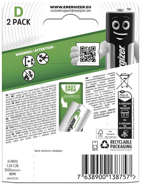 Góliát akku D NiMH, 1,2V 2500 mAh, 2 db, Energizer HR20, LR20, D, AM1, XL, MN1300, 813, E95, LR20N, 2. kép