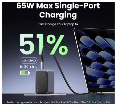 UGREEN Nexode S Töltőadapter 65 W USB-C® alj, USB-C® alj, USB-A alj Szürke Beltér 5. kép