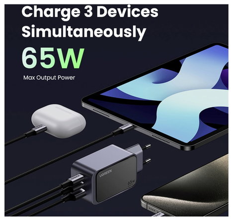 UGREEN Nexode S Töltőadapter 65 W USB-C® alj, USB-C® alj, USB-A alj Szürke Beltér 6. kép