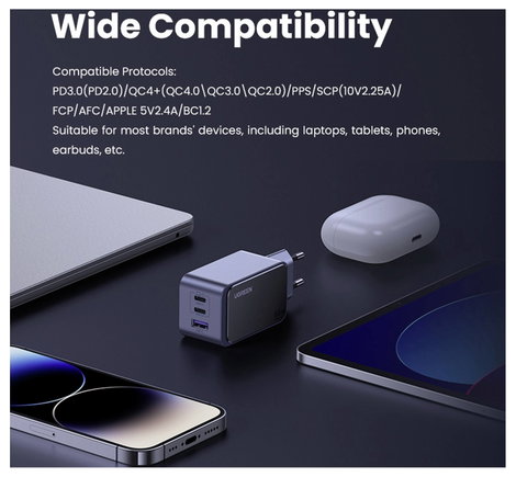 UGREEN Nexode S Töltőadapter 65 W USB-C® alj, USB-C® alj, USB-A alj Szürke Beltér 9. kép