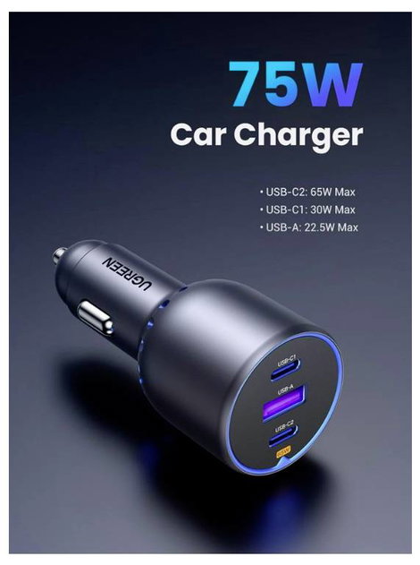 UGREEN 35024 Autós töltőállomás 75 W USB 2.0 alj, A típus, USB-C® alj, USB-C® alj Szürke Személygépk 3. kép