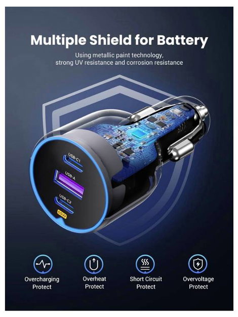 UGREEN 35024 Autós töltőállomás 75 W USB 2.0 alj, A típus, USB-C® alj, USB-C® alj Szürke Személygépk 4. kép