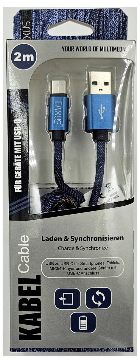Eaxus USB töltőkábel USB-A dugó, USB-C® dugó 2 m Kék 77701 2. kép