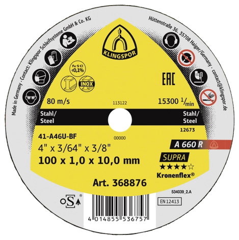 Klingspor A 660 R Supra 368876 Vágótárcsa, egyenes 100 mm 25 db Acél, Nemesacél