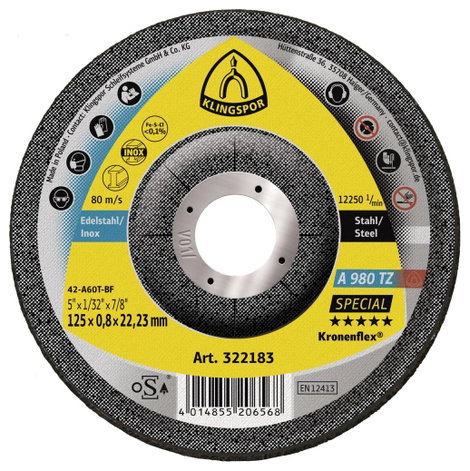Klingspor A 980 TZ Special 322183 Vágótárcsa, hajlított 125 mm 25 db Nemesacél, Acél, Nem vastartalm