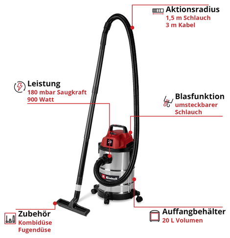 Einhell TC-VC 2045 S 2347410 Nedves-/száraz porszívó 20 l 3. kép