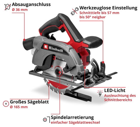 Einhell TE-CS 18/165-2 Li - Solo Akkus kézi körfűrész Vágási mélység max. (90°) 57 mm akku nélkül, t 4. kép