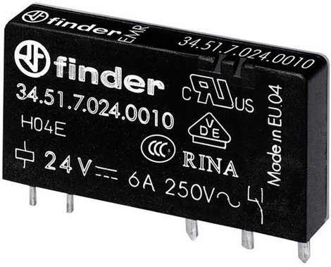 Keskeny dugasz-/nyák relé 24 V/DC 1 váltó, 6 A 24 V/DC/250 V/AC 1500 VA, Finder 34.51.7.024.5010