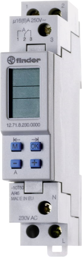 Elektronikus időkapcsoló óra, heti programmal 230 V/AC 1 váltó, 16 A 250 V/AC, Finder 12.71.8.230.00