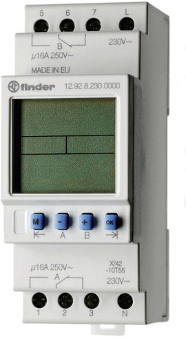 Digitális időkapcsoló óra DIN sínre 230 V/50-60 Hz, 2 váltó 16 A 250 V/AC 4000 VA, Finder 12.92.8.23