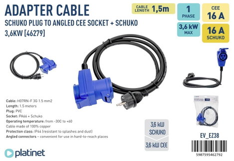 Platinet 46279 EV_EZ38 CEE adapterkábel 16 A 230 V 1 db 2. kép
