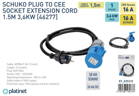 Platinet 46277 EV_EZ5310 CEE adapterkábel 16 A 230 V 1 db 2. kép