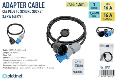Platinet 46278 EV_GP51 CEE adapterkábel 16 A 230 V 1 db 2. kép