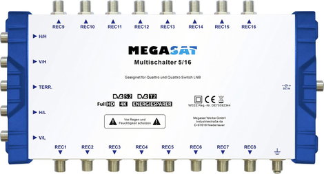 MegaSat 0600152 Sat multikapcsoló Bemenetek (multikapcsoló): 5 (4 SAT/1 terresztikus) Résztvevők szá