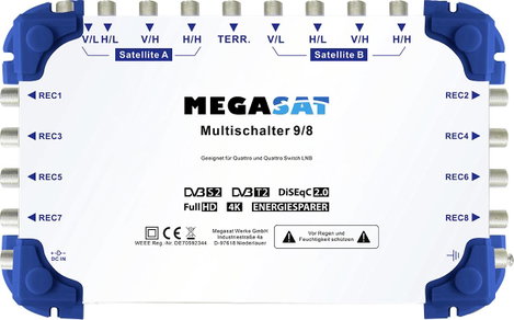 MegaSat 0600151 Sat multikapcsoló Bemenetek (multikapcsoló): 9 (8 SAT/1 terresztikus) Résztvevők szá