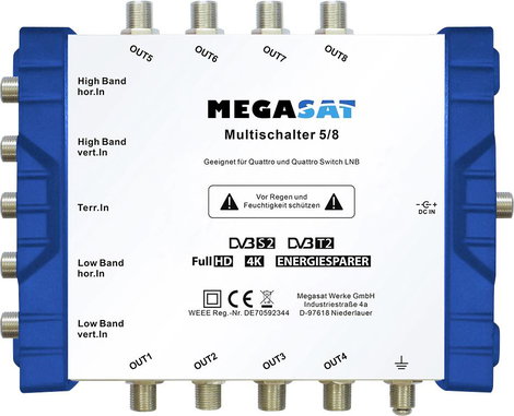 MegaSat 0600150 Sat multikapcsoló Bemenetek (multikapcsoló): 5 (4 SAT/1 terresztikus) Résztvevők szá
