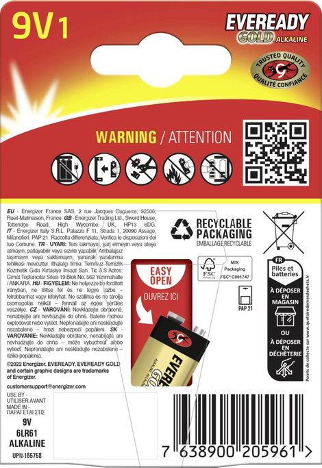 Eveready E304396500 9V-os elem 9 V 1 db
