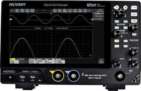 VOLTCRAFT ADO-1002 Digitális oszcilloszkóp 100 MHz 2.5 GSa/mp 250 Mpts 12 bit Digitális memória (DSO