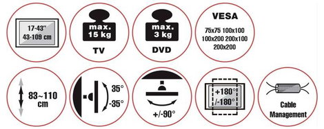 Reflecta TV Stand 43P-2020T weiß TV talp 43,2 cm (17) - 109,2 cm (43) Dönthető, Csuklóval mozgatható 8. kép
