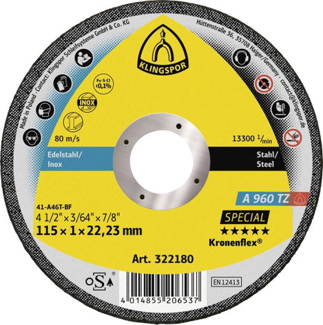 Klingspor A 960 TZ Special 322181 Vágótárcsa, egyenes 125 mm 25 db Nemesacél