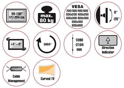 Reflecta PALLAS 100-8060T TV mennyezeti tartó 127,0 cm (50) - 254,0 cm (100) Dönthető, Csuklóval moz 12. kép