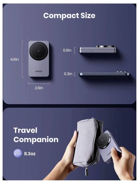 UGREEN W528 Magnetic Charger 2-in-1 Vezeték nélküli töltő 7.5 W Standard indukciós töltés Szürke Vez 2. kép