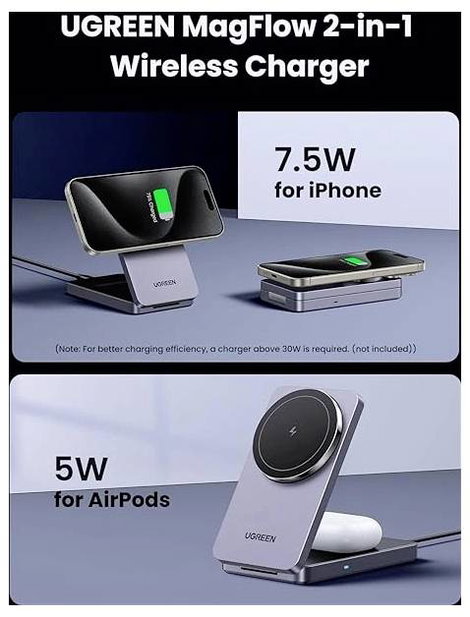 UGREEN W528 Magnetic Charger 2-in-1 Vezeték nélküli töltő 7.5 W Standard indukciós töltés Szürke Vez 3. kép