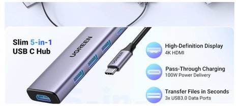 UGREEN USB-C® dokkoló állomás CM511 6-in-1 USB-C Hub Beépített kártyaolvasóval 6. kép