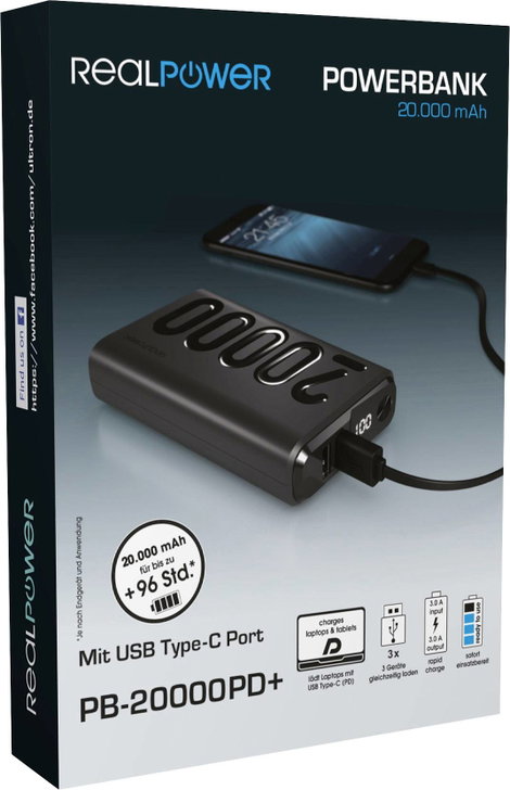 RealPower PB-20000PD+ Powerbank 20000 mAh LiPo Fekete 5. kép