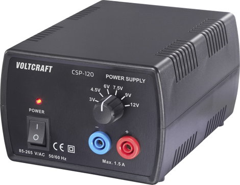 VOLTCRAFT CSP-120 Labortápegység, szabályozható 3, 4.5, 6, 7.5, 9, 12 V, V, V, V, V, V (max.) 1.5 A